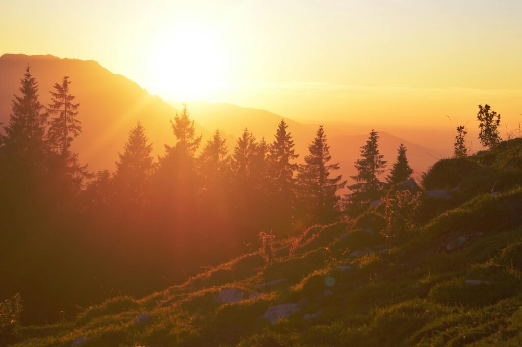 pexels-photo-266617-266617 Vibrant sunset over mountain terrain with silhouette of trees and warm orange hues.